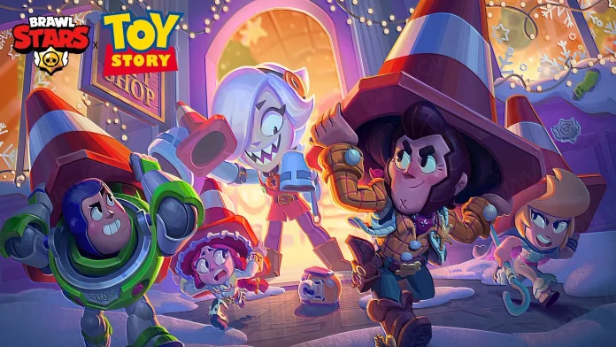 Promotional artwork for a Brawl Stars and Toy Story collaboration, featuring Brawl Stars characters dressed as Toy Story characters, including Buzz Lightyear and Woody, in front of a festive, toy-themed backdrop resembling the iconic Pizza Planet.