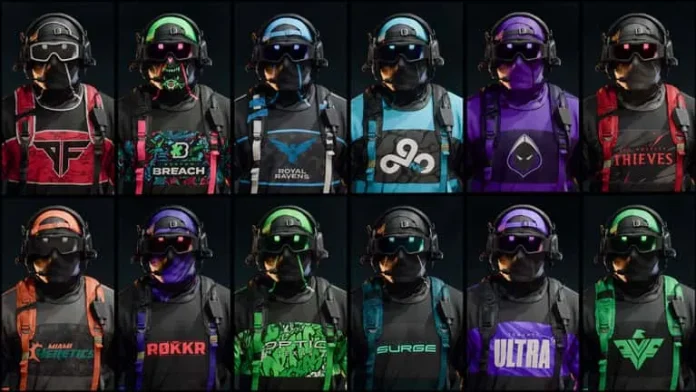 A lineup of striking Call of Duty League team skins, showcasing players equipped with futuristic helmets and tactical gear. Each uniform features unique, vivid color schemes and logos representing different esports teams, such as FaZe Clan, OpTic, and Thieves, emphasizing the personalization and team spirit in Black Ops 6 and Warzone gameplay.