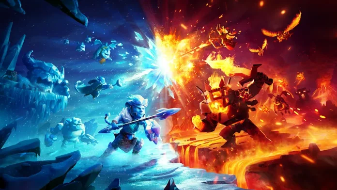 Clash of Clans Fire and Ice scenery illustration depicting an intense battle between ice and fire-themed warriors. The ice side features characters fighting amidst icy caves and frozen pillars, while the fire side shows warriors charging forward in a volcanic environment with molten lava flows.