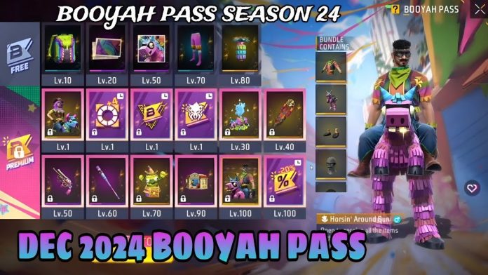 Preview of the Free Fire Max Booyah Pass December 2024 rewards including exclusive themed bundles and items.