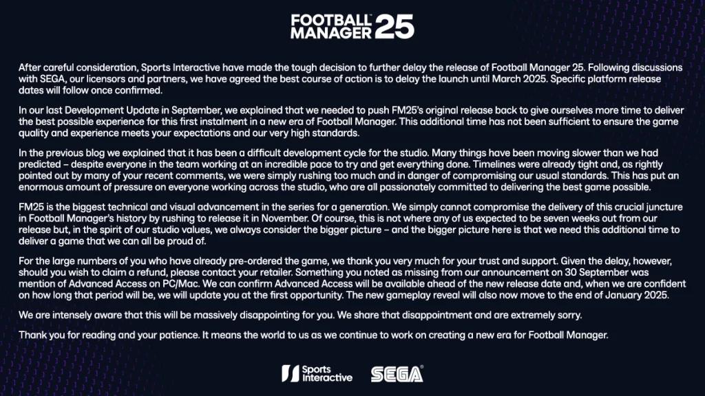 Football Manager 25 Delayed Until March 2025