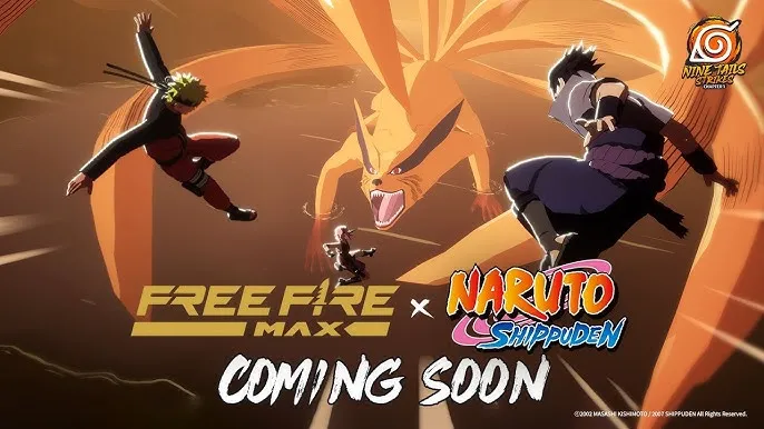 Promotional image for an upcoming collaboration between Free Fire Max and Naruto Shippuden, featuring dynamic illustrations of Naruto, Sasuke, and Kurama in an action pose, with the text 'Coming Soon'.