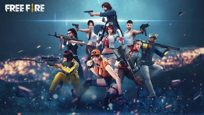 Gaming character in Free Fire action with colourful background.