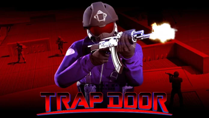 Promotional image for GTA Online Trapdoor Adversary Mode featuring a player in a purple outfit and helmet, aiming a silver submachine gun, with an intense red battlefield backdrop where multiple players engage in combat, highlighted by the bold 'TRAP DOOR' title in blue and red.