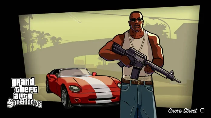 GTA San Andreas characters and vehicles in vibrant collage.