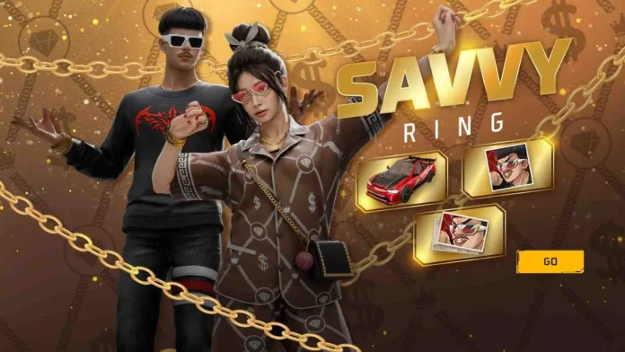 Promotional image for Garena Free Fire MAX featuring stylish male and female characters dressed in trendy outfits, surrounded by golden chains and icons including a sports car, with a 'SAVVY RING' theme for the redeem codes event on January 4.