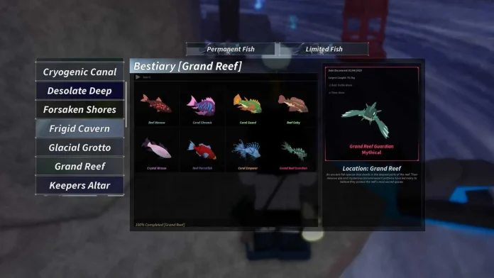 A screenshot of a fish bestiary interface from a video game, displaying various species categorized under 