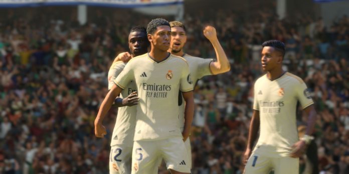 Jude Bellingham in a Real Madrid kit, potentially hinting at his appearance as the EA FC 25 cover star.