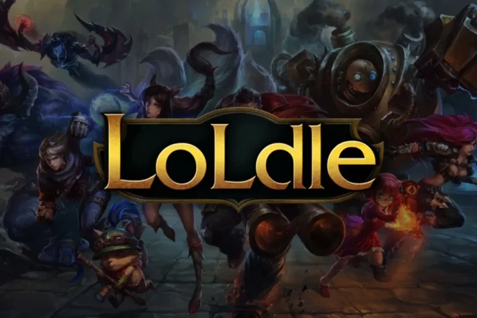 LoLdle, featuring a dynamic collage of League of Legends characters including Teemo, Garen, and Miss Fortune engaged in battle, set against a dark, atmospheric backdrop with the ornate gold 'LoLdle' logo prominently displayed.