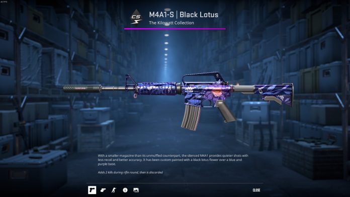 Counter Strike 2 purple weapon skins including M4A1-S Black Lotus, Butterfly Knife Freehand, Five-SeveN Hybrid, Glock-18 Moonrise, and AWP Chromatic Aberration