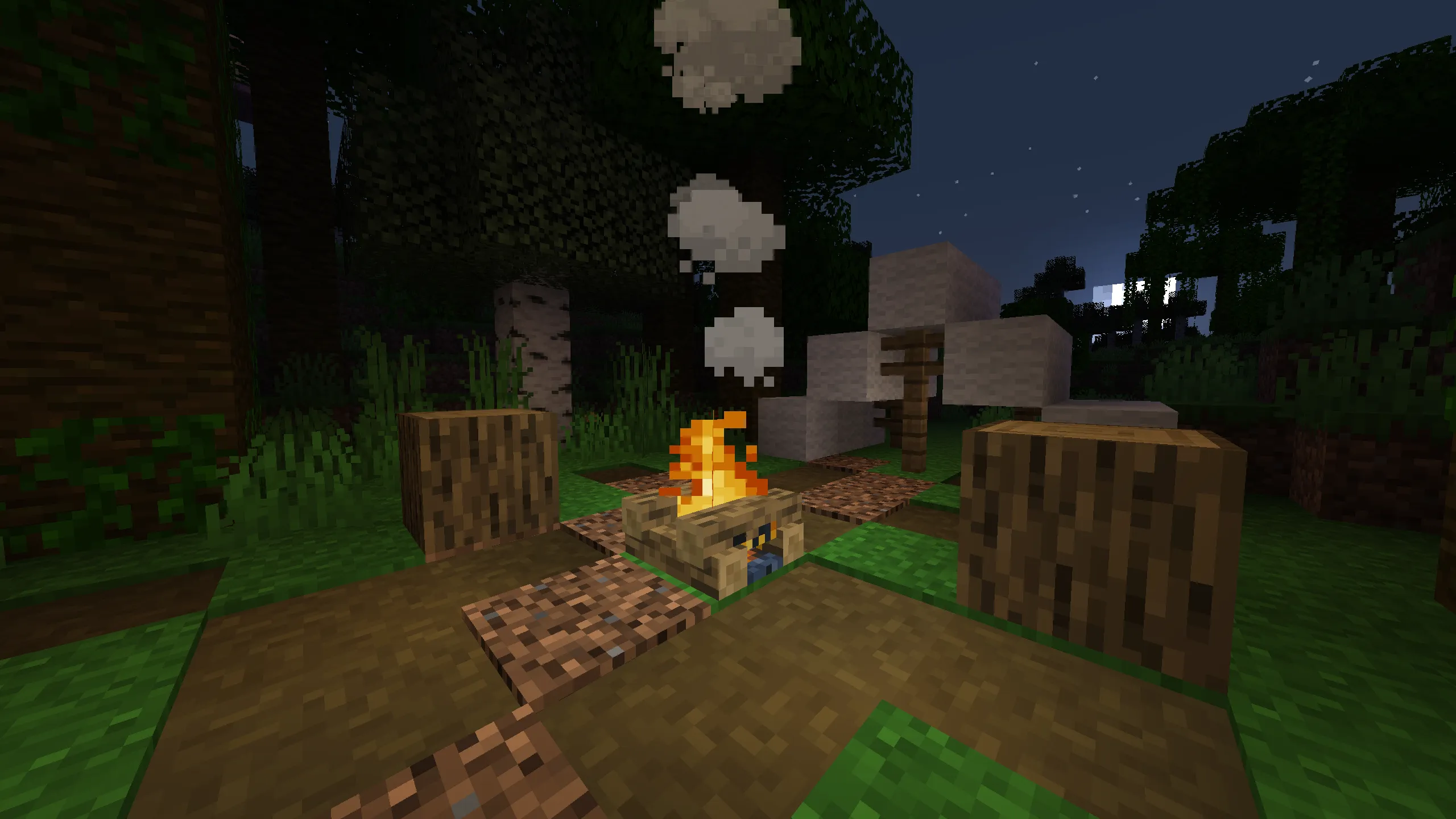 A screenshot of a Minecraft player standing next to a crackling campfire at night, with a cozy village in the background.