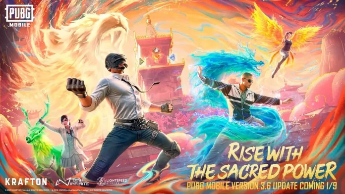 Promotional image for PUBG Mobile Version 3.6 update, showcasing vibrant and mystical elements such as a phoenix, dragon, and characters ready for action under the tagline 'Rise with the Sacred Power,' with the release date highlighted as January 9, 2025.