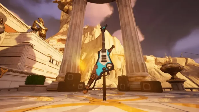 A Fortnite character wielding the Ride the Lightning Guitar, summoning a lightning strike.