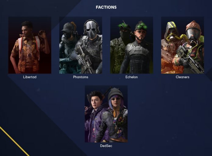 Xdefiant game characters from different Ubisoft factions including Cleaners, Libertad, Echelon, Phantoms, and DedSec