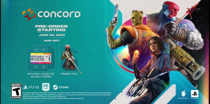 Screenshot from the Concord game showcasing intense 5v5 first person shooter action from the cinematic trailer revealed at PlayStation State of Play 2024.