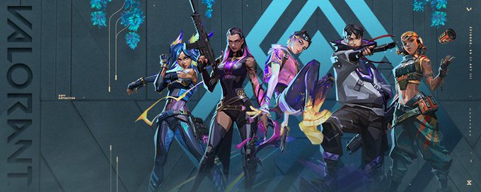 Valorant 8.11 update promotional image showcasing new map 'Abyss' and updated agents Iso, Neon, and Reyna.