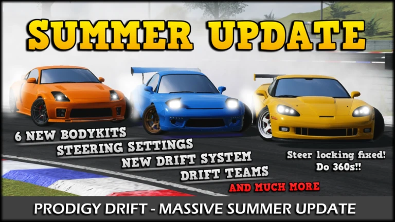 Screenshot of Prodigy Drift gameplay on Roblox showing a customized drift car