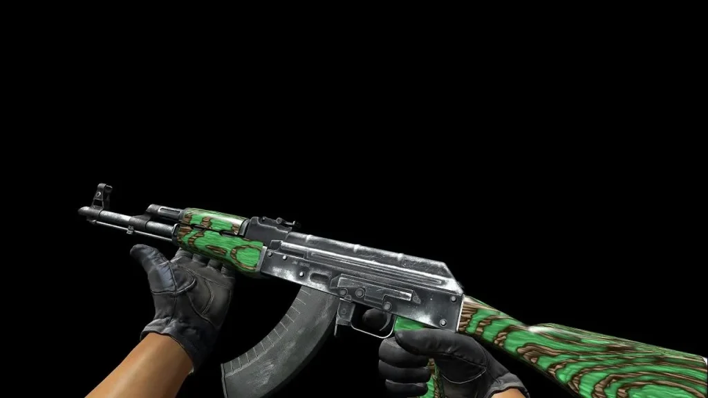 The image displays a first-person view of the AK-47 with the "Green Laminate" skin in Counter Strike 2. This skin features a distinctive green and black striped pattern on the wooden parts, giving the weapon a unique, stylish look. The metal components retain their traditional black finish, which contrasts sharply with the vibrant green, highlighting the gun's aggressive design. The backdrop is pure black, focusing all attention on the intricate details and colors of the skin.