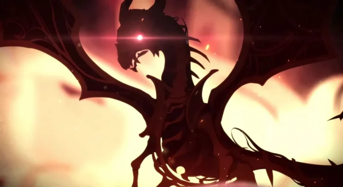 Silhouette of Durin, a dragon from Genshin Impact, set against a fiery backdrop, creating a dramatic and mystical scene.