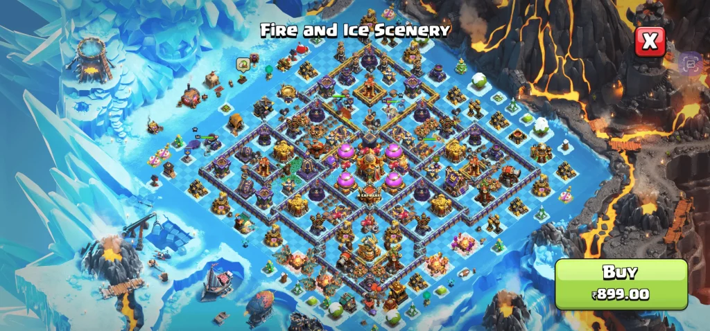 Clash of Clans Fire and Ice Scenery for sale, showcasing a detailed base layout divided into fiery and icy sections, with ice-covered mountains and volcanic lava flows surrounding various defensive structures and buildings, priced at ₹899.00.