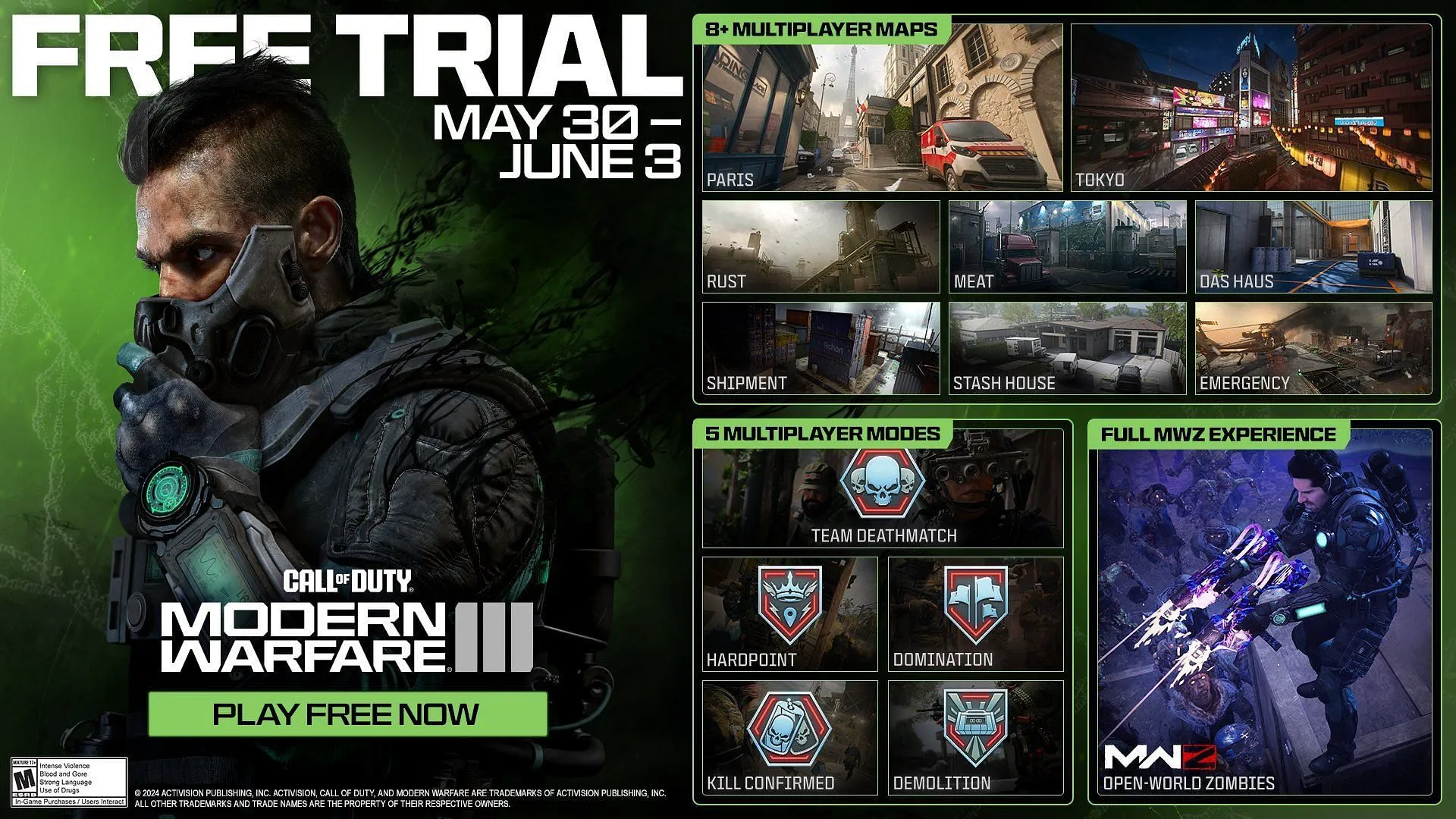 Promotional image for the MW3 Free Weekend, showcasing soldiers in action with "Free Trial" prominently displayed.