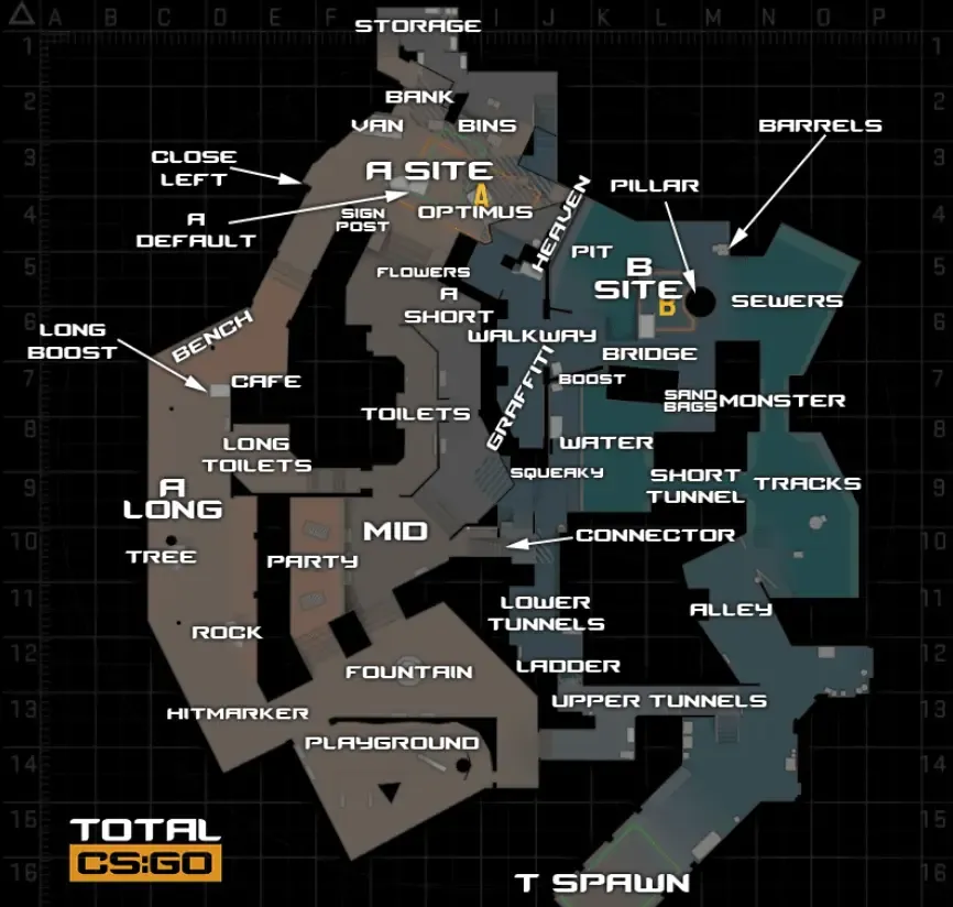 Detailed map of CS2 Overpass highlighting key callouts for players, including locations such as A Site, B Site, Long, Toilets, Playground, Monster, and Connector. Designed for effective gameplay communication in Counter-Strike 2.