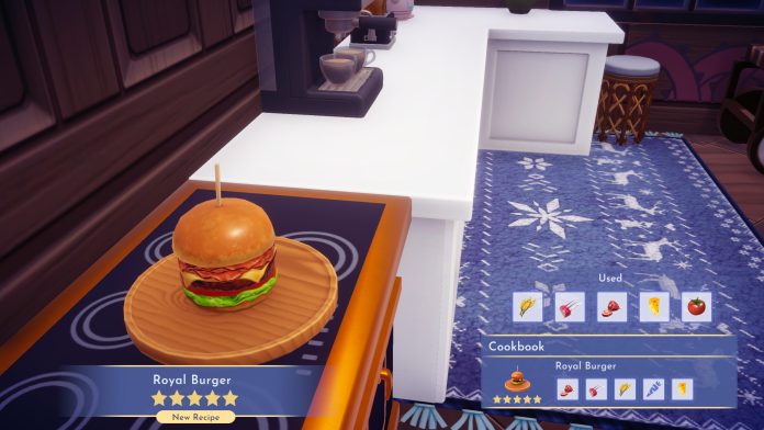 Player crafting the Royal Burger at a cooking station in Disney Dreamlight Valley