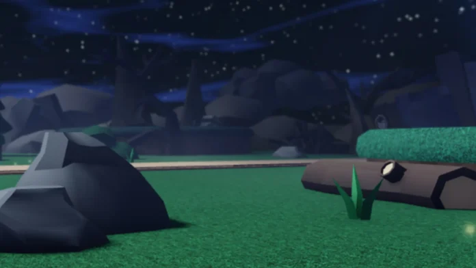 Mystical nighttime scene in Slap Battles, featuring a serene Dreamscape setting with dark rocks, lush green grass, and a starlit sky, used as the featured image for an article explaining how to enter the Dreamscape area in the game.