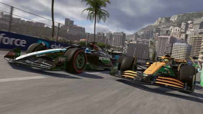 F1 24 game screenshot showing new handling model and racing cars on the track