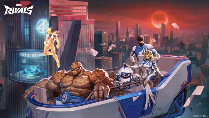 Dynamic promotional artwork for The Fantastic Four Marvel Rivals, featuring the iconic superhero team in action. The Human Torch hovers aflame above the Baxter Building, while Mr. Fantastic, Invisible Woman, and the Thing strategize on a futuristic flying vehicle against a backdrop of a city skyline under a red sun.