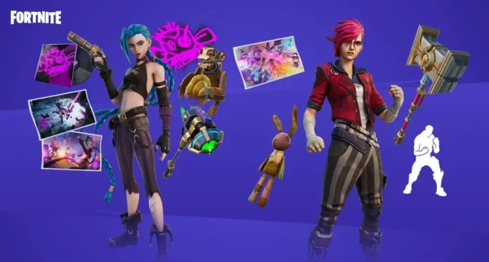 Fortnite x Arcane collaboration features two characters with distinct skins; on the left, a female character with blue hair and cybernetic enhancements, and on the right, a male character with pink hair and a mechanical hammer, set against a dynamic blue background displaying action-packed scenes from the game.