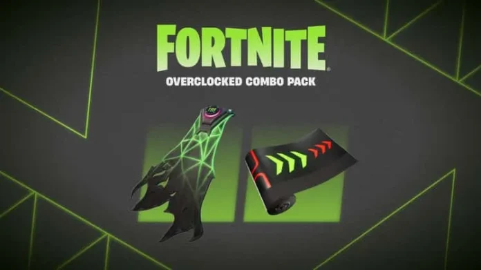 Fortnite player showcasing the Overclocked Combo Pack with a green and black cape and weapon wrap.