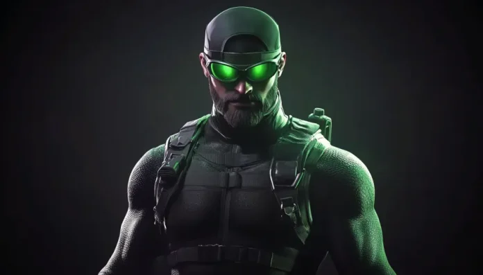 Character image from Fortnite showcasing a Splinter Cell-themed skin, featuring a male character in tactical gear with distinctive green night vision goggles, set against a dark background