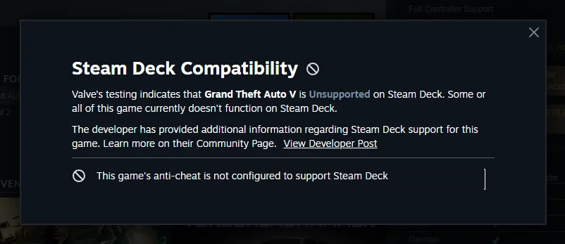 gta 5 steam deck unsupported