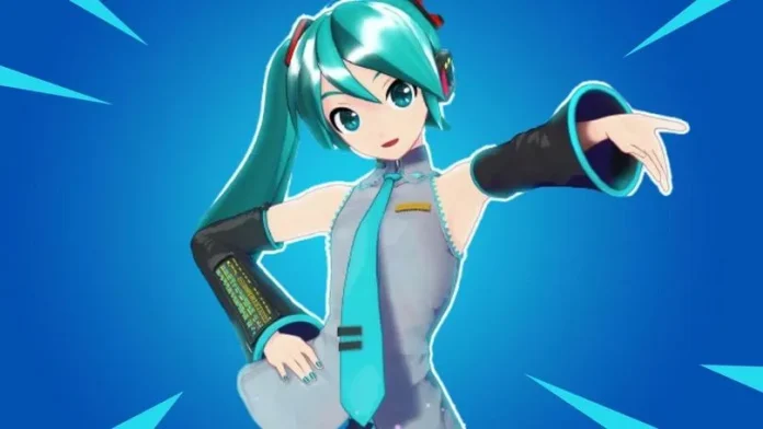 An animated image of Hatsune Miku, the popular virtual pop star, featured in Fortnite. She is dressed in her signature turquoise outfit with long twin-tails and is striking a dynamic pose against a vibrant blue background.