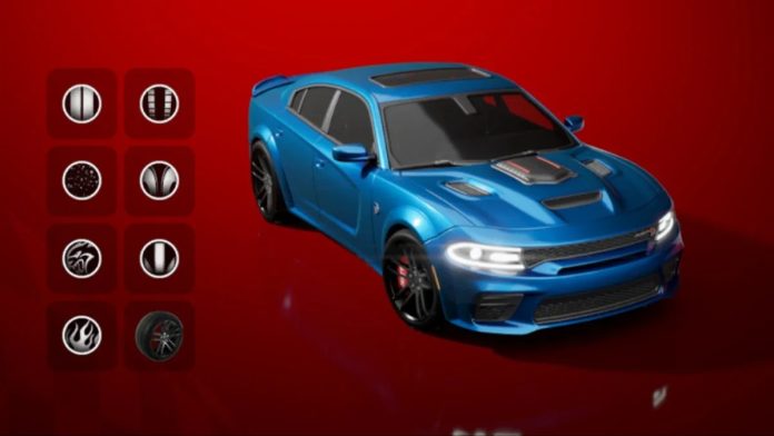 Dodge Charger SRT Hellcat in Fortnite with custom decals and sleek blue paint, showcasing its presence in the Fast & Furious crossover.