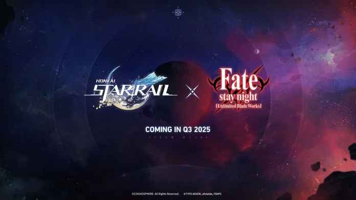 Promotional image announcing an upcoming collaboration between 'Honkai: Star Rail' and 'Fate/stay night [Unlimited Blade Works]' set for release in Q3 2025, featuring logos of both series against a cosmic, star-filled background.