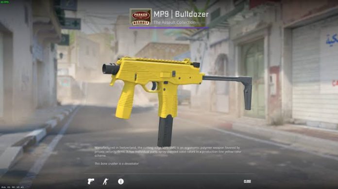 Yellow-themed Counter Strike 2 skins featuring Hand Wraps Caution, Negev Power Loader, Talon Knife Tiger Tooth, M4A4 Buzz Kill, and AK-47 Fuel Injector