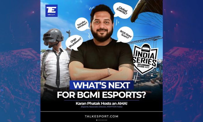 Karan Phatak, Director of Esports at Krafton India, with graphics related to BGMI (Battlegrounds Mobile India) esports events.