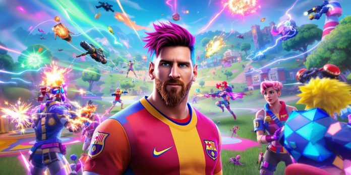 Messi in Fortnite skin with colorful game background.