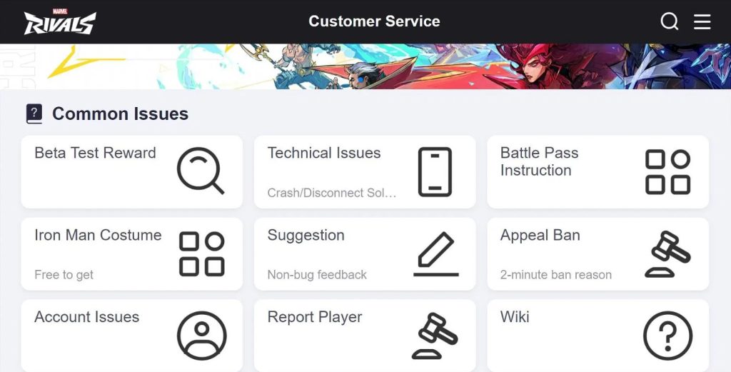 Screenshot of Marvel Rivals customer service webpage featuring a list of common issues. Options include 'Beta Test Reward', 'Technical Issues', 'Battle Pass Instruction', 'Iron Man Costume', 'Suggestion', 'Account Issues', 'Report Player', 'Appeal Ban', and 'Wiki', with highlighted navigation for appealing a false ban.