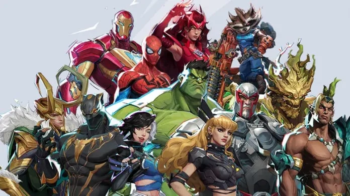 Marvel characters in action with colorful mod elements.