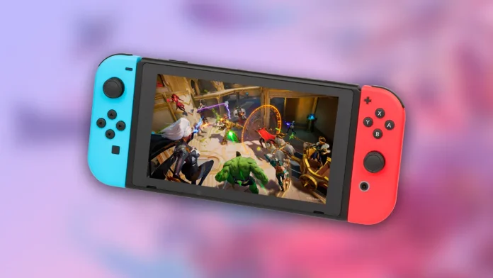 An eye-catching image of a Nintendo Switch with vibrant blue and red Joy-Con controllers, displaying a colorful action-packed game scene on its screen. The image captures the portable gaming experience and hints at the potential excitement of playing a game like Marvel Rivals on the go.