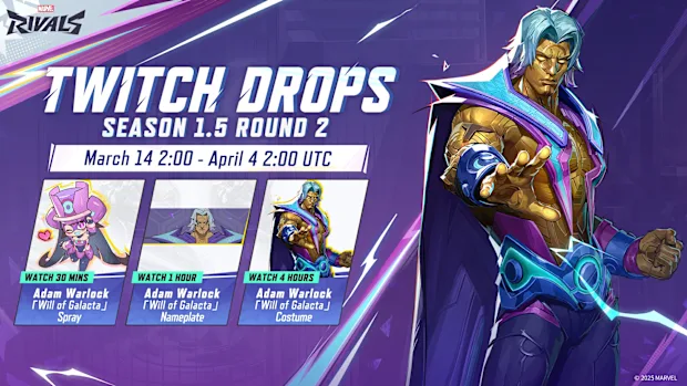 Adam Warlock costume and other rewards from Marvel Rivals Season 1.5 Twitch Drops event.