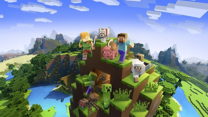 A playful Minecraft scene featuring pixelated characters and animals on a grassy hill, set against a backdrop of a lush, blocky landscape under a bright sky.