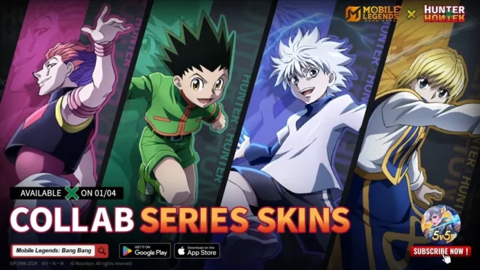 A promotional image showcasing the collaboration between Mobile Legends: Bang Bang and Hunter x Hunter, featuring dynamic illustrations of popular Hunter x Hunter characters like Hisoka, Gon, Killua, and Kurapika. Each character is striking a unique pose against a vibrant, color-coded background, highlighting the new, exclusive skins available in the game.