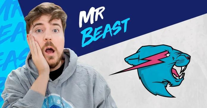 image featuring YouTube star Mr Beast looking surprised, with the Mr Beast logo and a stylized blue shark graphic on a split blue and white background, representing his dynamic and engaging content that attracts millions of YouTube subscribers.