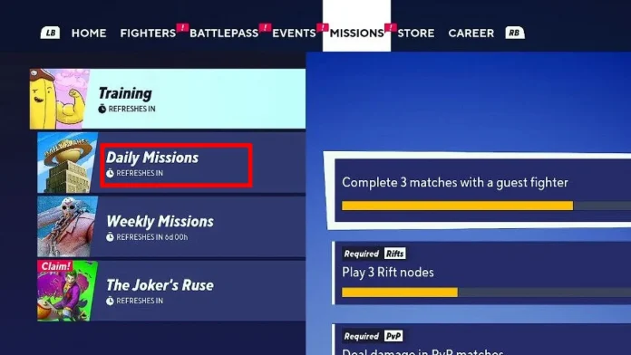 Screenshot of the Missions tab in Multiversus, highlighting the daily quest refresh timer.