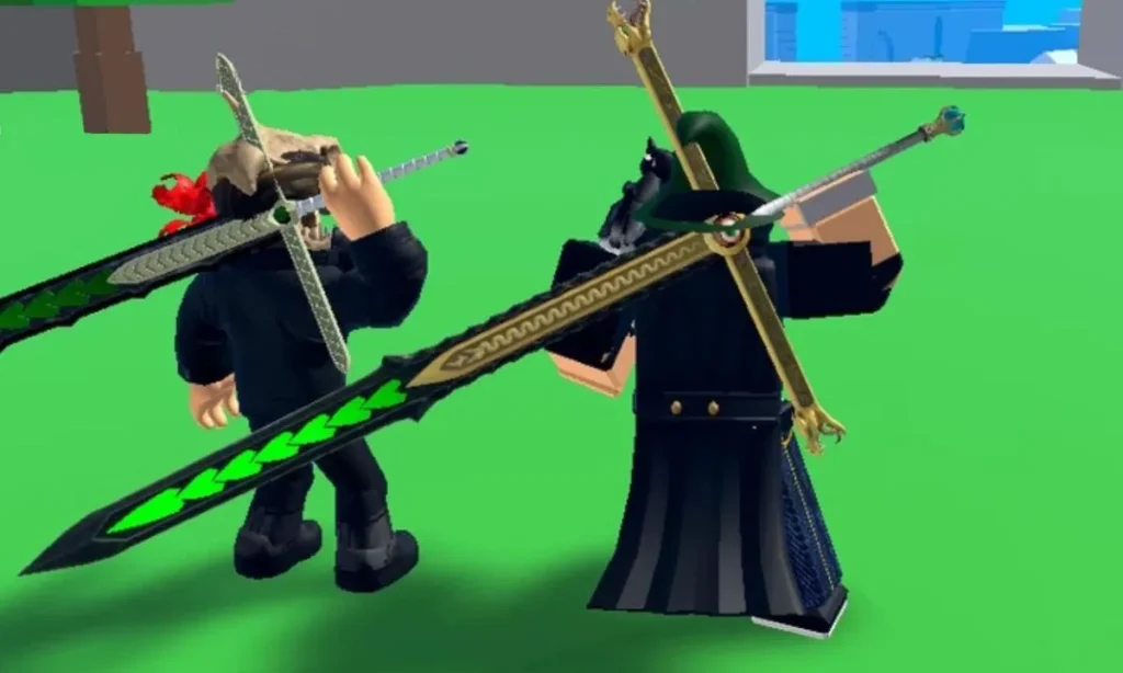 Screenshot from Roblox King Legacy game showing two characters wielding large swords known as Night Blades, with one character in black pirate attire and the other in a ninja outfit, engaged in a duel on a vibrant green background.