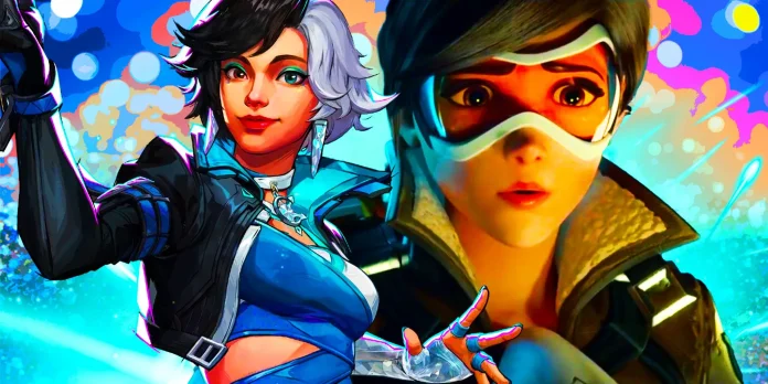 A vivid split-image of a female character from Overwatch 2, showing her in a dynamic pose with a backdrop of dazzling, colorful effects on one side and a close-up with a more serious, intense expression on the other. The image highlights the character's futuristic style and the vibrant art design typical of the game.